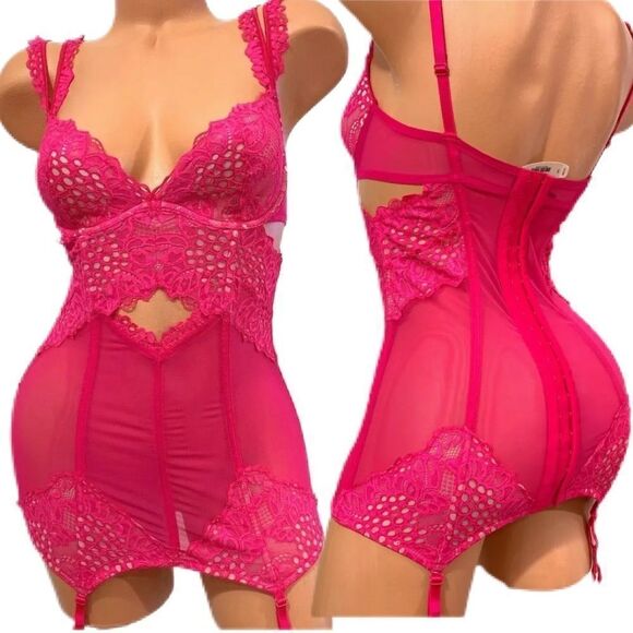 Victorias Secret Sexy Eyelet Cutout Lace Mesh Garter Slip Babydoll 34C pink - Picture 2 of 6